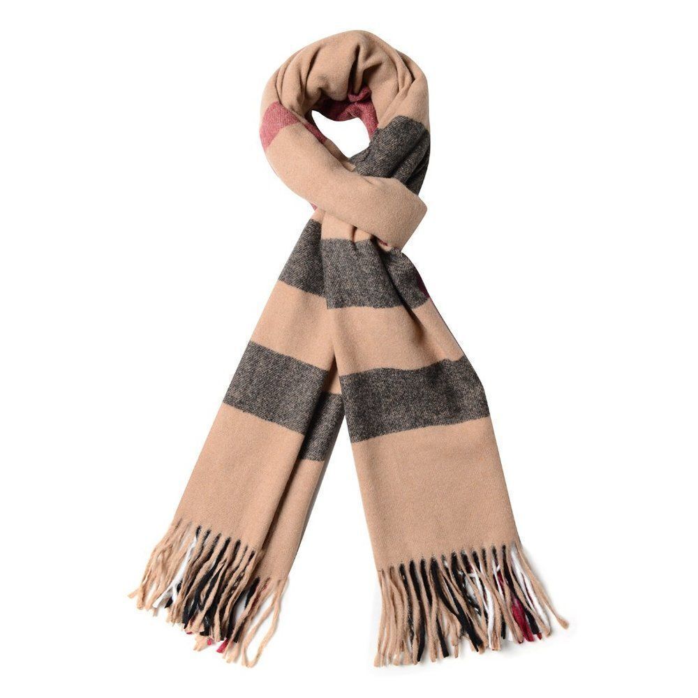 Plaid Pattern Scarf with Fringe Brown